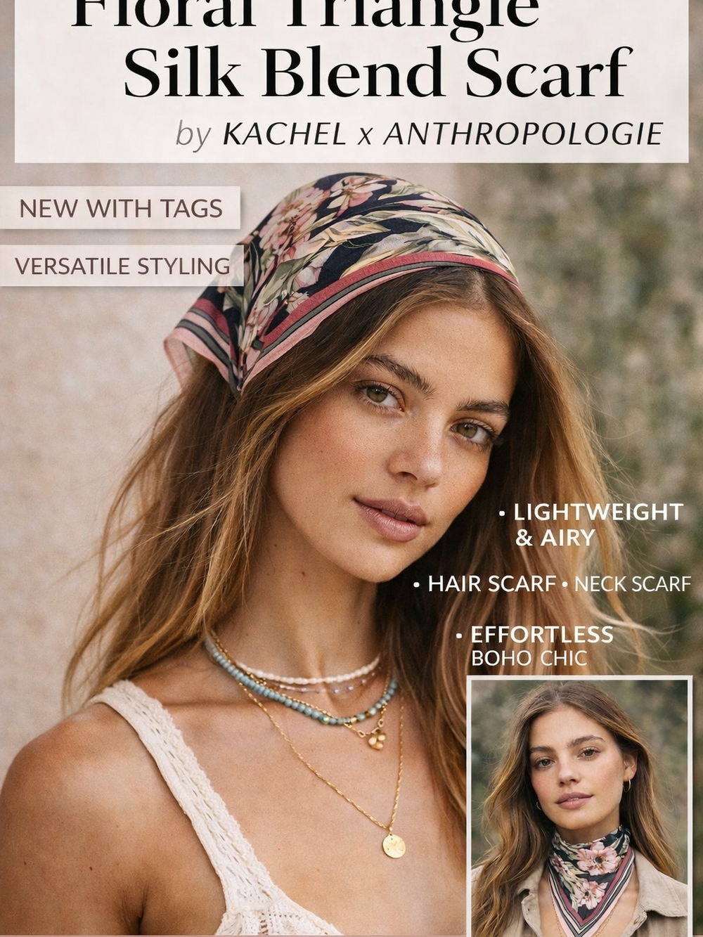 Kachel x Anthropologie Floral Silk Blend Triangle Scarf Boho Hair Neck‎